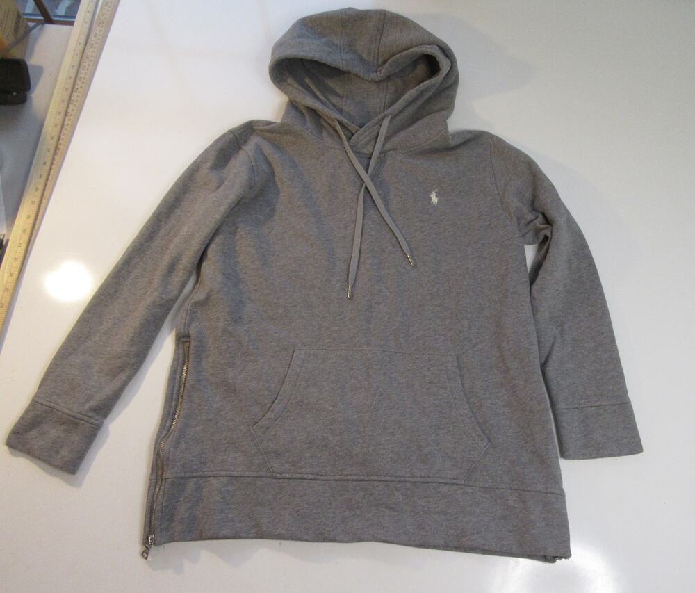 Polo Ralph Lauren Gray Hoodie Sweatshirt White Pony Side Zippers Adult Large